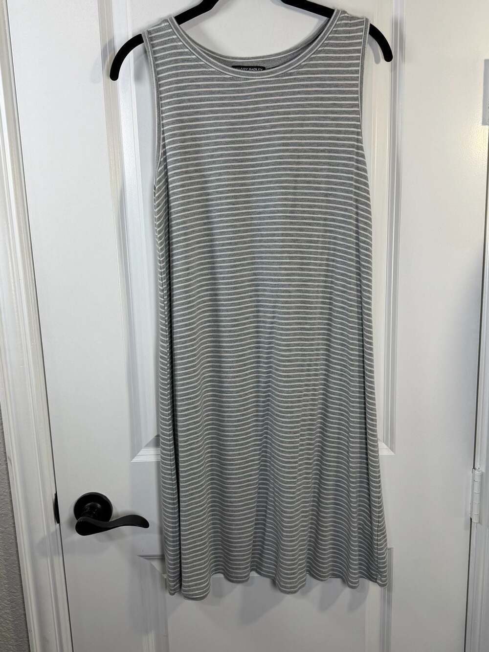 Hilary Radley Grey and White Striped Sleeveless Shift Dress Soft Knit Small
